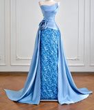 Strapless Sheath Long Evening Dress Satin Blue Prom Dress Sparkly Graduation Dress HZ1024
