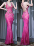 Fuchsia Mermaid Beaded Evening Dress Chiffon Elegant Halter Neck Open Back Party Dress Long Prom Dress HZ1024