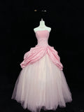 Pink Strapless Long Ball Gown Evening Dress Tulle Sweet 16 Birthday Dress Lace Prom Dress HZ1024