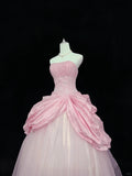 Pink Strapless Long Ball Gown Evening Dress Tulle Sweet 16 Birthday Dress Lace Prom Dress HZ1024