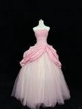 Pink Strapless Long Ball Gown Evening Dress Tulle Sweet 16 Birthday Dress Lace Prom Dress HZ1024