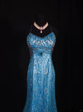 Blue Halter Mermaid Evening Dress Elegant Tulle Lace Long Prom Dress Party Dress HZ1024
