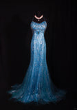 Blue Halter Mermaid Evening Dress Elegant Tulle Lace Long Prom Dress Party Dress HZ1024