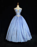 Blue Spaghetti Strap Ball Gown Quinceanera Dress Elegant Beaded Evening Gown Glitter Birthday Dress HZ1024