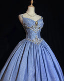 Blue Spaghetti Strap Ball Gown Quinceanera Dress Elegant Beaded Evening Gown Glitter Birthday Dress HZ1024