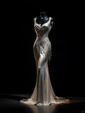 Champagne V-neck Mermaid Evening Gowns Satin Beaded Tassel Long Prom Dresses HZ1024