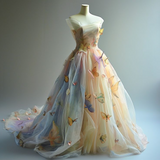 Strapless Colorful Ball Gown Long Prom Dress Tulle 3D Butterfly Quinceanera Dress HZ1024