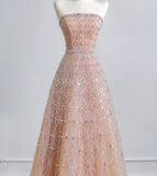 Peach Strapless Ball Gown Long Prom Dress Tulle Beads Sparkly Evening Gowns HZ1024