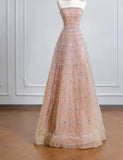 Peach Strapless Ball Gown Long Prom Dress Tulle Beads Sparkly Evening Gowns HZ1024