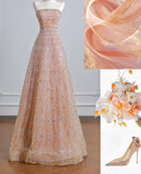 Peach Strapless Ball Gown Long Prom Dress Tulle Beads Sparkly Evening Gowns HZ1024