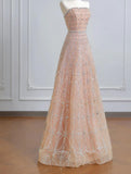 Peach Strapless Ball Gown Long Prom Dress Tulle Beads Sparkly Evening Gowns HZ1024