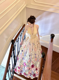 Apricot Halter Neck Formal Dress Ball Gown Birthday Dress Tulle Applique Open Back Party Dress HZ1024