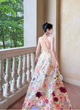 Apricot Halter Neck Formal Dress Ball Gown Birthday Dress Tulle Applique Open Back Party Dress HZ1024