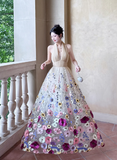 Apricot Halter Neck Formal Dress Ball Gown Birthday Dress Tulle Applique Open Back Party Dress HZ1024