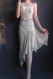 Spaghetti Strap Sheath Formal Dress Satin Beaded Birthday Dress Elegant Short Homecoming Dress HZ1024