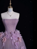 Strapless Ball Gown Purple Long Prom Dress Tulle Applique Evening Dress Sweet 16 Dress HZ1024