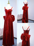 Burgundy Strap A-Line Long Prom Dress Elegant Satin Sequin Evening Dress HZ1024