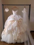 Champagne Strapless Ball Gown Wedding Dress Tulle Satin Bridal Dress with Veil HZ1024