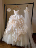 Champagne Strapless Ball Gown Wedding Dress Tulle Satin Bridal Dress with Veil HZ1024