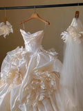 Champagne Strapless Ball Gown Wedding Dress Tulle Satin Bridal Dress with Veil HZ1024
