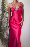 V-neck Sheath Evening Dress Red Satin Beaded Long Prom Dress Elegant Party Dress HZ1024