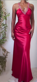 V-neck Sheath Evening Dress Red Satin Beaded Long Prom Dress Elegant Party Dress HZ1024