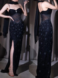 Spaghetti Strap Sheath Evening Dress Birthday Dress Black Beaded Chiffon Party Dress Slit Prom Dress HZ1024