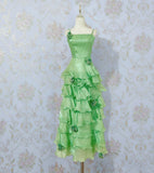 Spaghetti Strap Ball Gown Evening Dress Green Satin Tiered Party Dress HZ1024