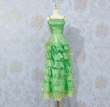Spaghetti Strap Ball Gown Evening Dress Green Satin Tiered Party Dress HZ1024