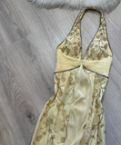 Halter Sheath Long Prom Dress Yellow Beaded Chiffon Formal Dress Backless Evening Gown HZ1024