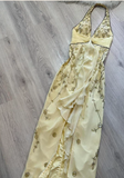 Halter Sheath Long Prom Dress Yellow Beaded Chiffon Formal Dress Backless Evening Gown HZ1024