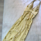 Halter Sheath Long Prom Dress Yellow Beaded Chiffon Formal Dress Backless Evening Gown HZ1024