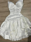 White Birthday Dress Spaghetti Strap Ball Gown Satin Party Dress Short Homecoming Dress HZ1024