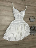 White Birthday Dress Spaghetti Strap Ball Gown Satin Party Dress Short Homecoming Dress HZ1024