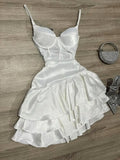 White Birthday Dress Spaghetti Strap Ball Gown Satin Party Dress Short Homecoming Dress HZ1024