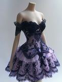Ball Gown Sweetheart Neck Birthday Dress Lace Applique Party Dress Tulle Purple Short Homecoming Dress HZ1024