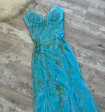 Blue Sheath Spaghetti Strap Long Prom Dress Beaded Chiffon Evening Dress Stunning Formal Dress HZ1024