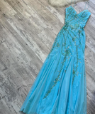 Blue Sheath Spaghetti Strap Long Prom Dress Beaded Chiffon Evening Dress Stunning Formal Dress HZ1024