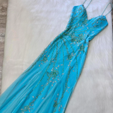 Blue Sheath Spaghetti Strap Long Prom Dress Beaded Chiffon Evening Dress Stunning Formal Dress HZ1024