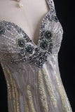 Sheath V-neck Silk Beaded Long Evening Gowns,Sequined Tulle Light Grey Formal Dresses Gorgeous Prom Dress HZ1024