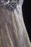 Sheath V-neck Silk Beaded Long Evening Gowns,Sequined Tulle Light Grey Formal Dresses Gorgeous Prom Dress HZ1024