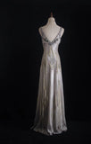 Sheath V-neck Silk Beaded Long Evening Gowns,Sequined Tulle Light Grey Formal Dresses Gorgeous Prom Dress HZ1024