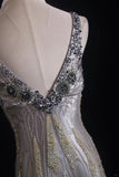 Sheath V-neck Silk Beaded Long Evening Gowns,Sequined Tulle Light Grey Formal Dresses Gorgeous Prom Dress HZ1024