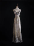 Sheath V-neck Silk Beaded Long Evening Gowns,Sequined Tulle Light Grey Formal Dresses Gorgeous Prom Dress HZ1024