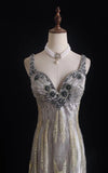 Sheath V-neck Silk Beaded Long Evening Gowns,Sequined Tulle Light Grey Formal Dresses Gorgeous Prom Dress HZ1024