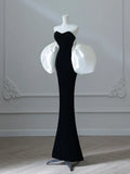 Mermaid Velvet Puff Sleeves Black Long Prom Dress, Black Evening Dress HZ1024
