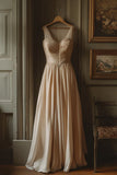 Sheath Sheer Straps Long Evening Gown Light Champagne Chiffon Formal Dress Bridesmaid Dress HZ1024