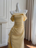 Yellow Sheath Evening Dress Spaghetti Strap Formal Dress Modest Slit Long Prom Dress HZ1024