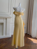 Yellow Sheath Evening Dress Spaghetti Strap Formal Dress Modest Slit Long Prom Dress HZ1024