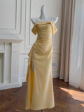Yellow Sheath Evening Dress Spaghetti Strap Formal Dress Modest Slit Long Prom Dress HZ1024